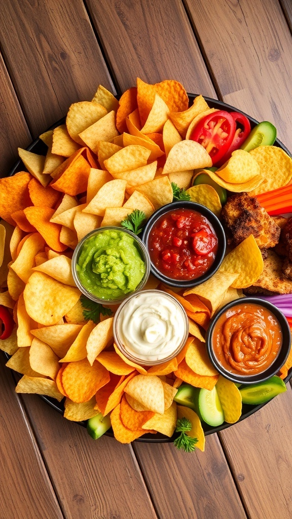 A colorful snack platter with chips and various dips on a wooden table.